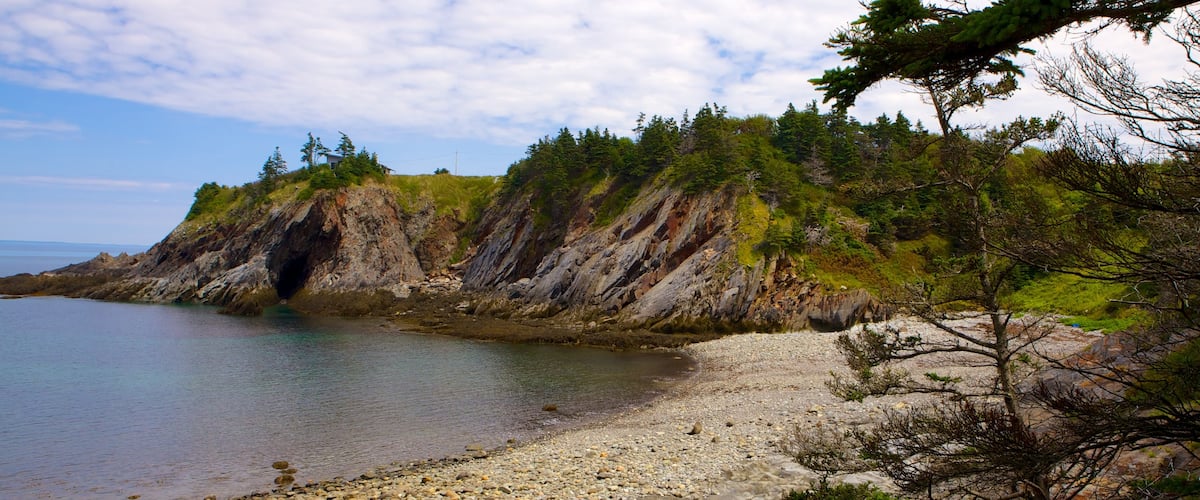 Smuggler\'s Cove showing rugged coastline, a pebble beach and general coastal views