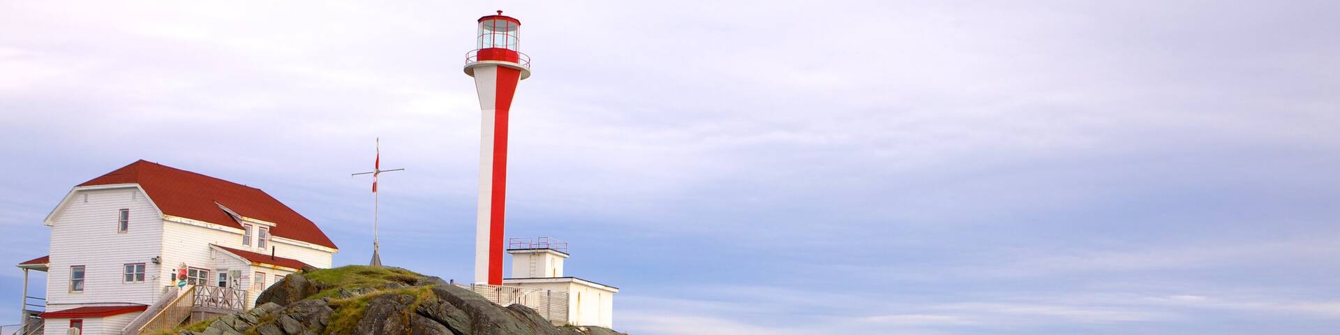 Cape Forchu Lightstation which includes rocky coastline and a lighthouse