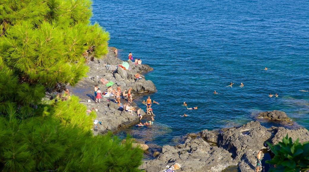 Aci Castello showing swimming and rugged coastline