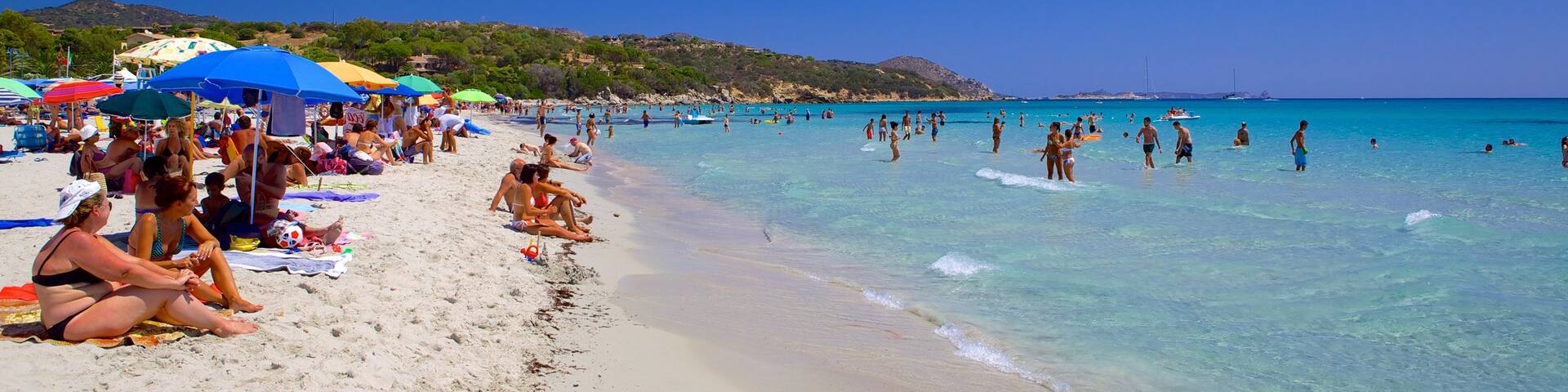 Simius Beach which includes a beach and swimming as well as a large group of people