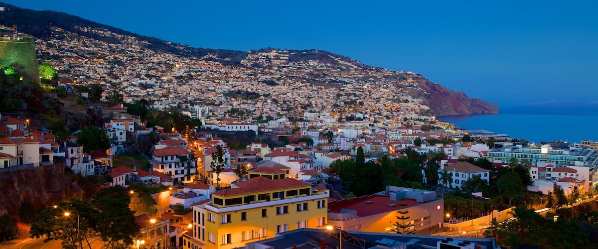 Funchal que incluye una localidad costera y escenas nocturnas