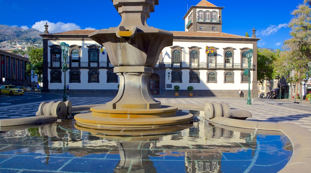 Stadsplein toont een fontein en een plein