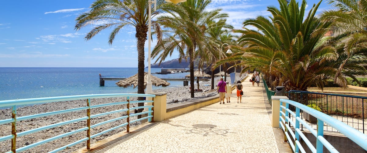 Playa de Santa Cruz que incluye una playa de guijarros y escenas tropicales