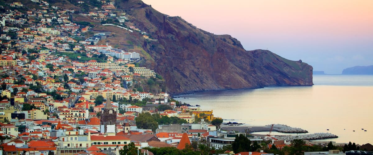 Funchal showing mountains, a coastal town and a sunset
