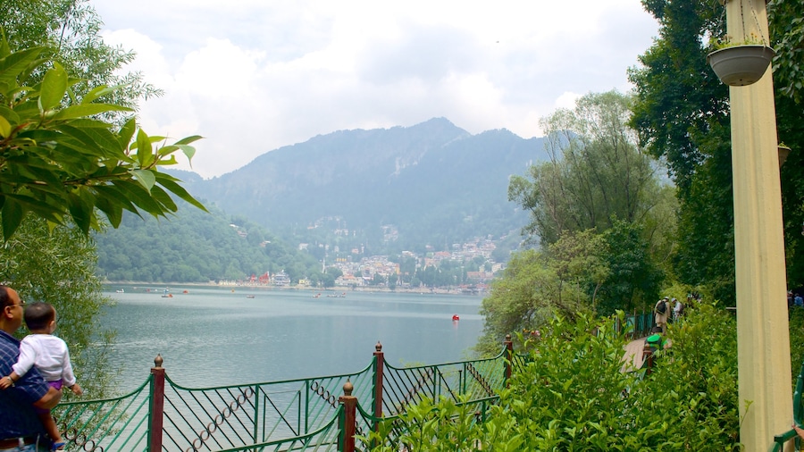 Lago Nainital mostrando montagna e lago o sorgente d\'acqua