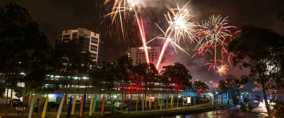 Parramatta showing a city and night scenes