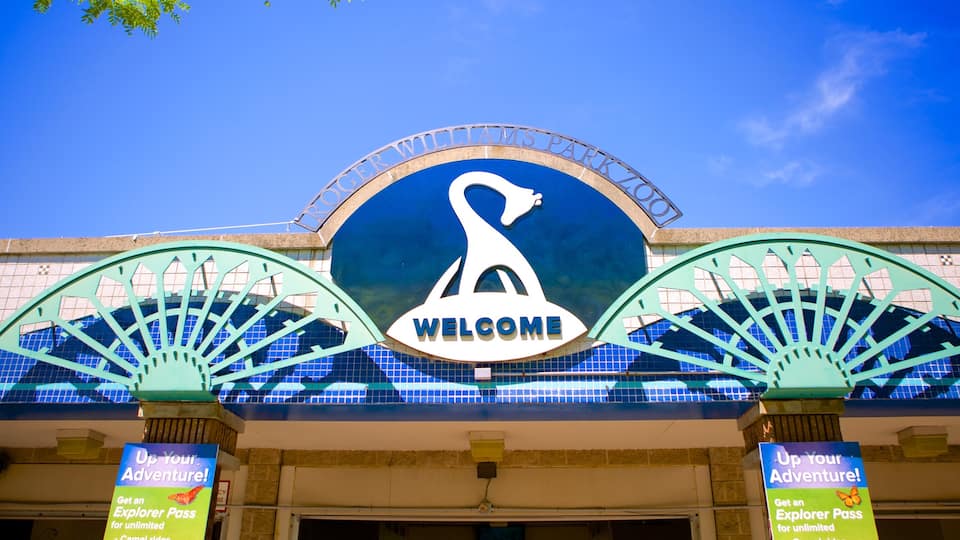 Roger Williams Park Zoo showing signage and zoo animals