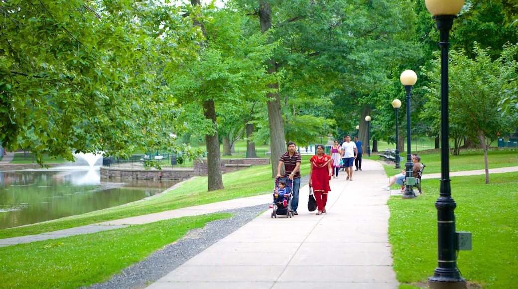 Bushnell Park showing hiking or walking and a garden as well as a family