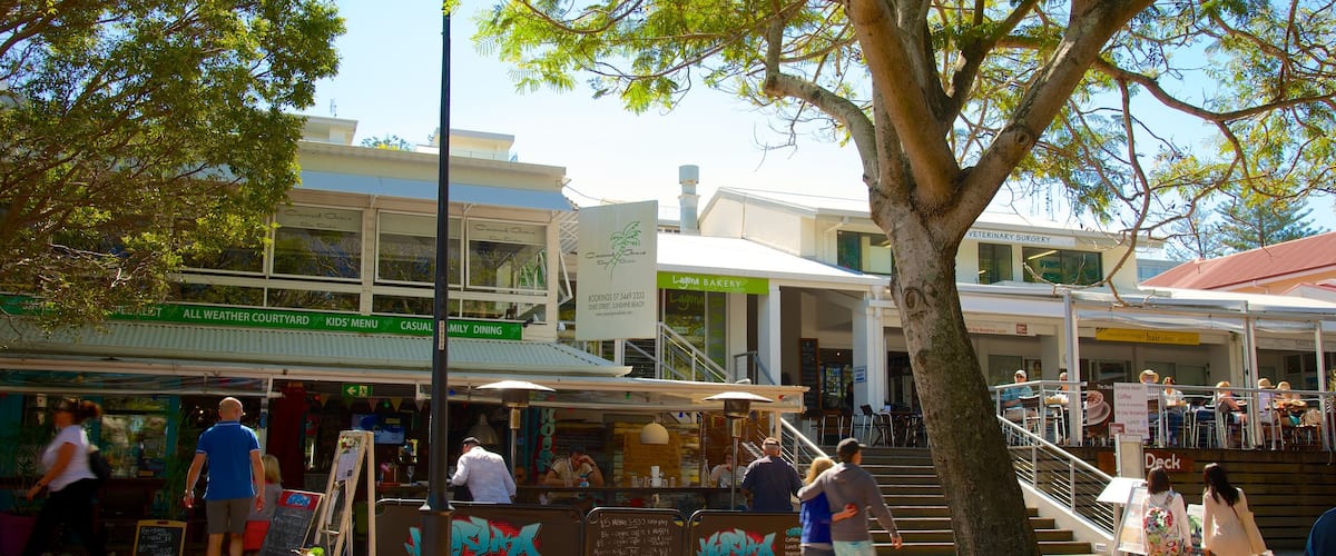 Sunshine Beach featuring markets and street scenes as well as a large group of people