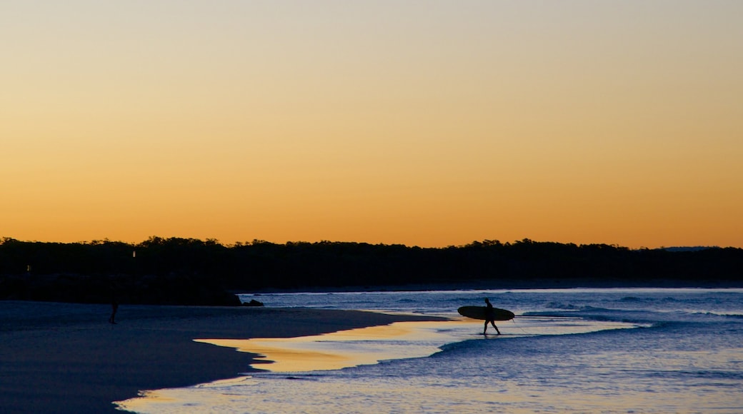 Noosa Beach showing a sandy beach, a sunset and surfing