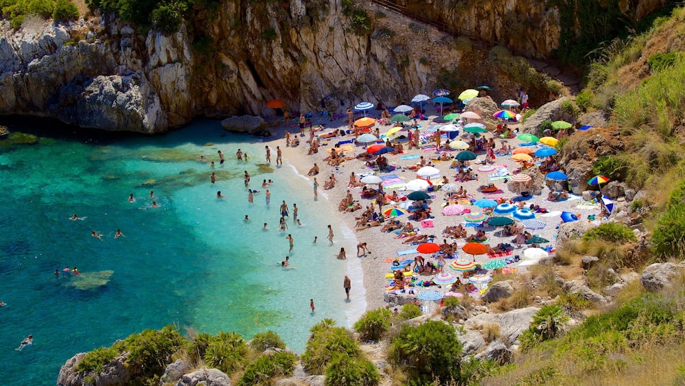 Strand von Zingaro welches beinhaltet Bucht oder Hafen, Schwimmen und Strand