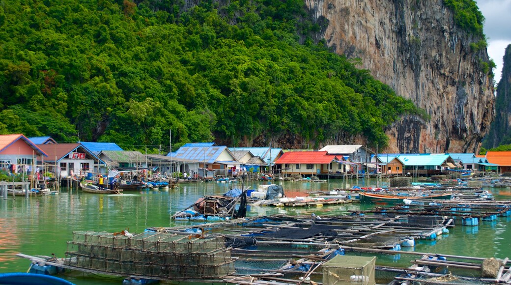 Phang Nga som inkluderar en hamn eller havsbukt, en kuststad och kustutsikter