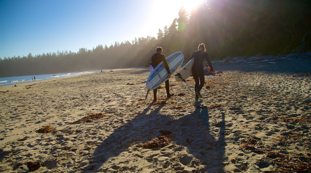 Pacific Rim National Park Reserve que incluye una playa de arena y surf y también un pequeño grupo de personas