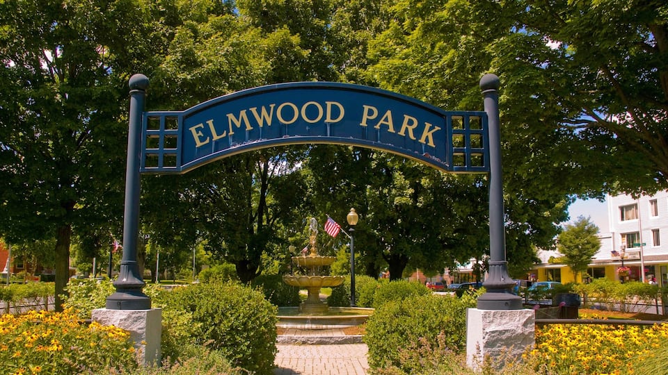 Danbury featuring signage, a garden and a fountain