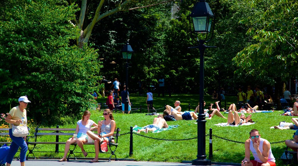 Washington Square Park que incluye un jardín y también un pequeño grupo de personas