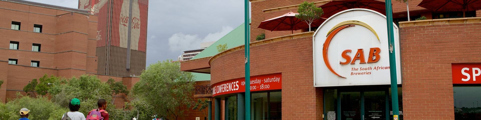 Museum Africa featuring a city and signage as well as a small group of people