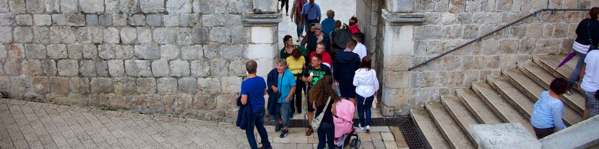 Pile Gate showing heritage elements as well as a small group of people