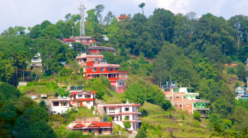 Nagarkot som inkluderar stillsam natur och en liten stad eller by