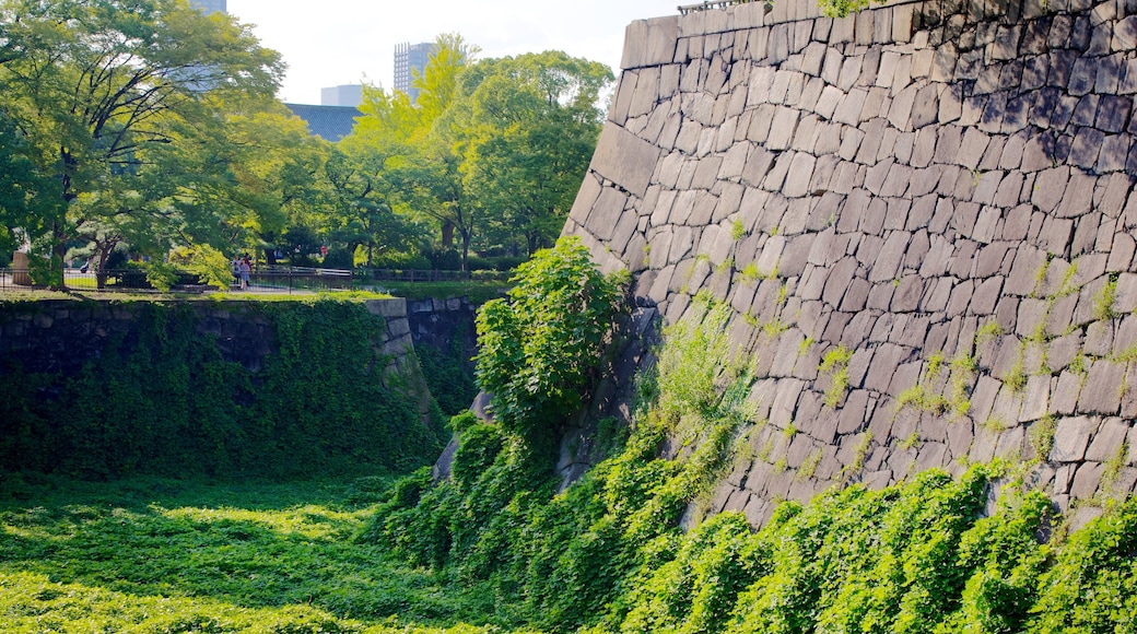 Osaka Castle showing heritage elements and a garden