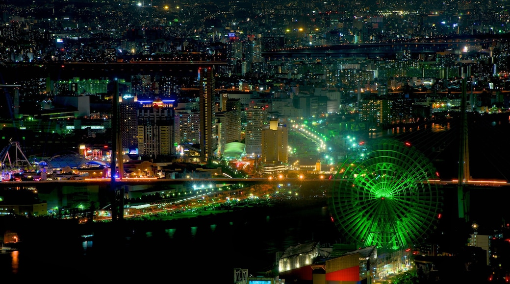 Osaka Prefectural Government Sakishima Building welches beinhaltet bei Nacht und Stadt