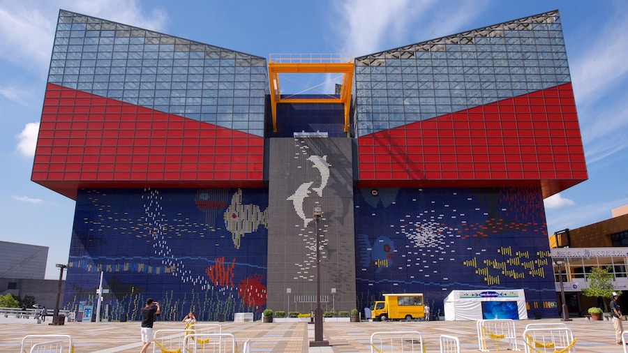 Osaka Aquarium Kaiyukan with vibrant exterior design and marine-themed murals in Osaka, Japan.