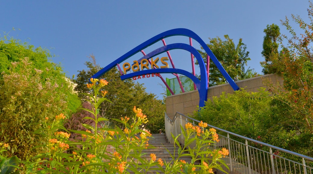 Osaka showing signage and a garden