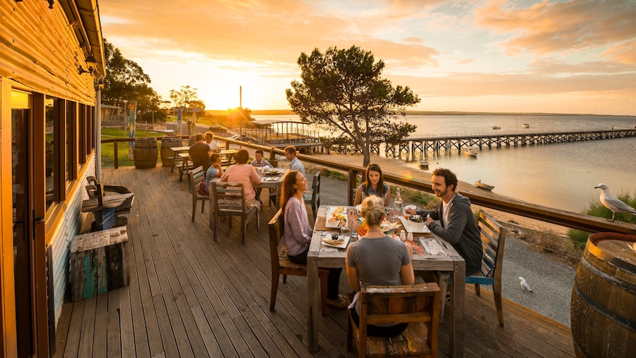 Eyre Peninsula which includes general coastal views, a sunset and dining out