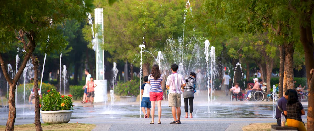Central Park showing a fountain as well as a small group of people