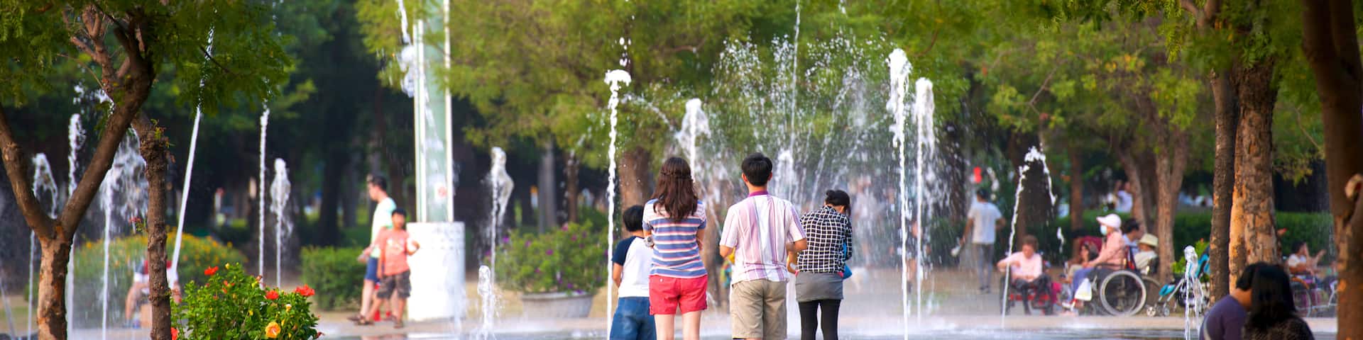 Central Park showing a fountain as well as a small group of people