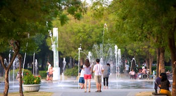 Central Park das einen Springbrunnen sowie kleine Menschengruppe