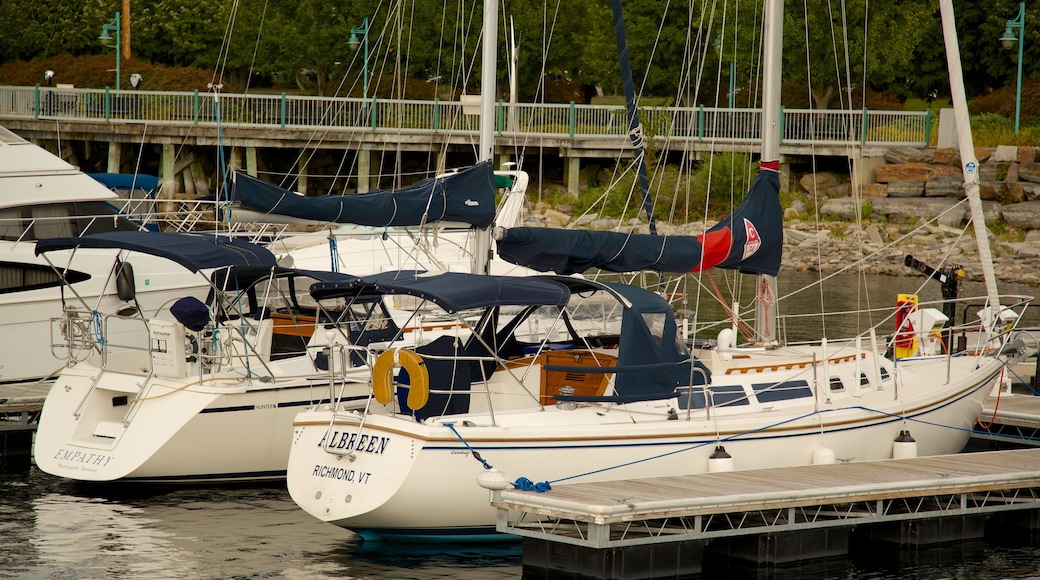 Waterfront Park som visar båtkörning och en marina