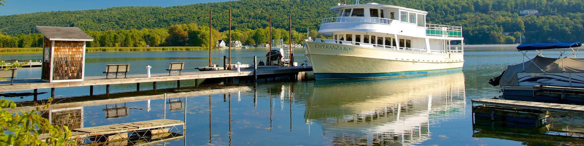 Keuka Lake State Park featuring a lake or waterhole, a bridge and boating