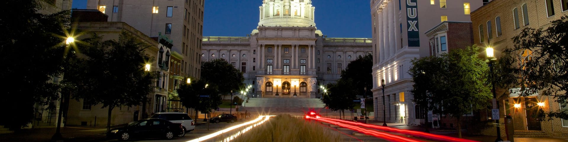 Pennsylvania State Capitol featuring night scenes and street scenes