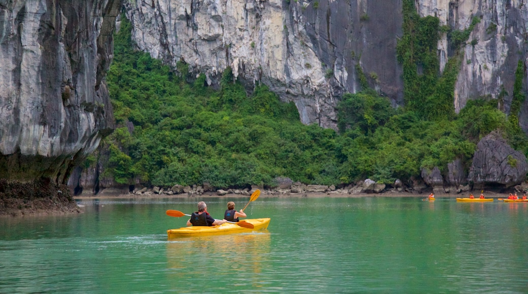 Bahía de Ha Long que incluye kayak o canoa y imágenes de una isla