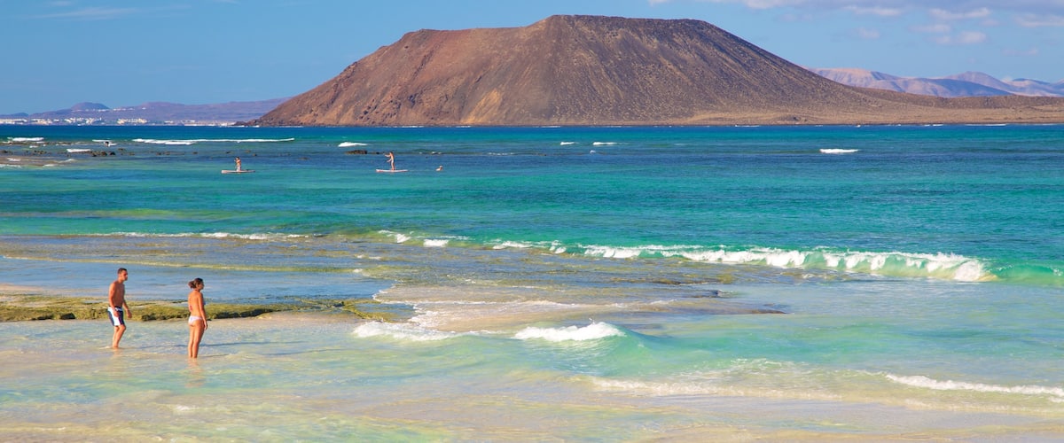 Playa de Corralejo mostrando vistas generales de la costa, natación y una playa de arena