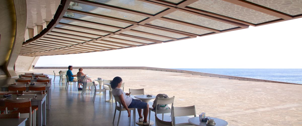 Auditorio de Tenerife ofreciendo vistas de una costa y café y también una pareja