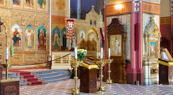 Alexander Nevsky-katedralen som inkluderar en kyrka eller katedral, religiösa element och interiörer