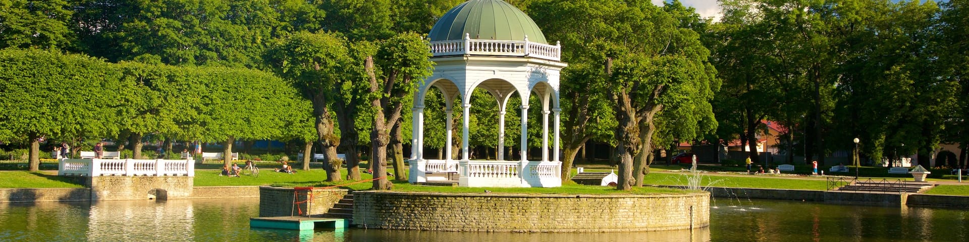 Parque Kadrioru mostrando una fuente, una góndola y un estanque