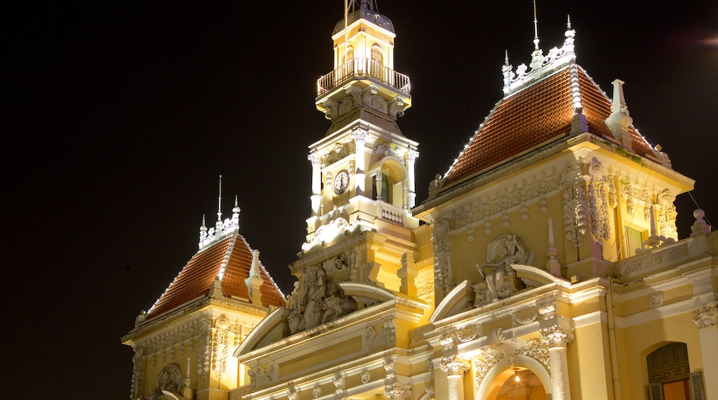 Ho Chi Minh City Hall showing heritage architecture and night scenes