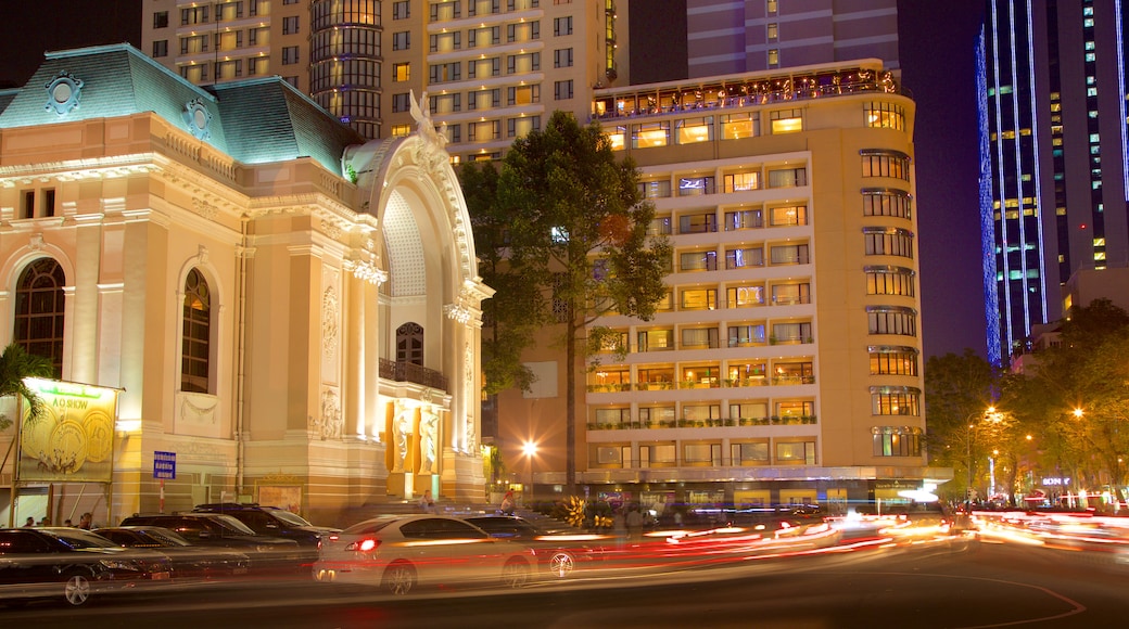 Opera House which includes heritage architecture and night scenes