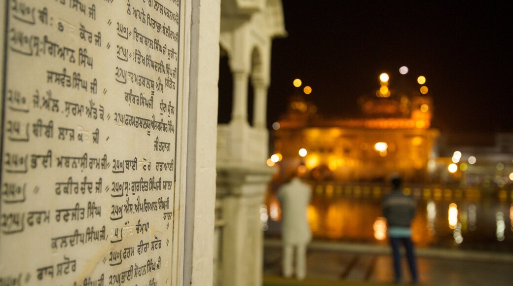 Golden Temple featuring signage and night scenes