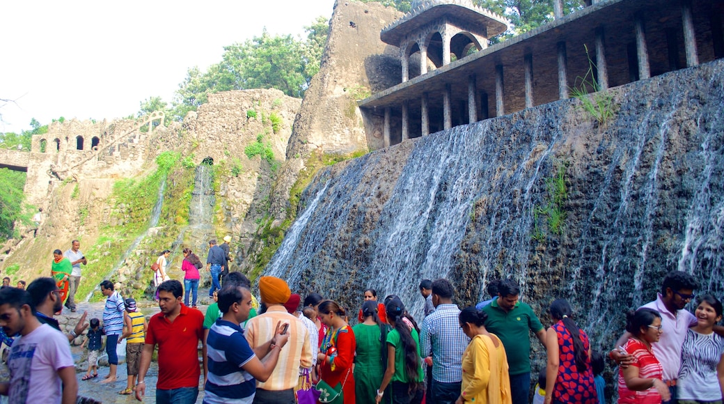 Rock Garden showing a cascade and a park as well as a large group of people