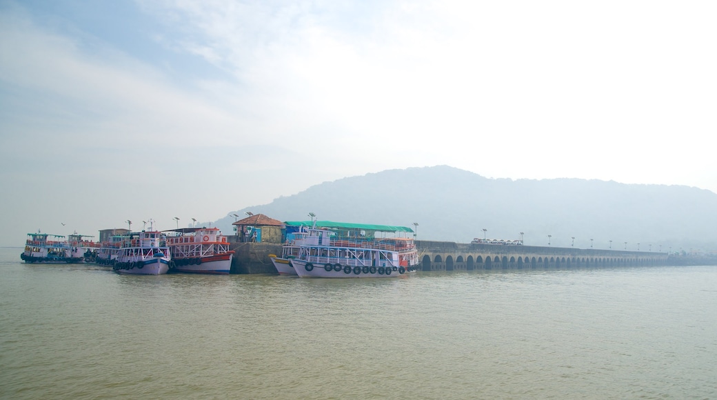 Elephanta Caves showing boating and general coastal views