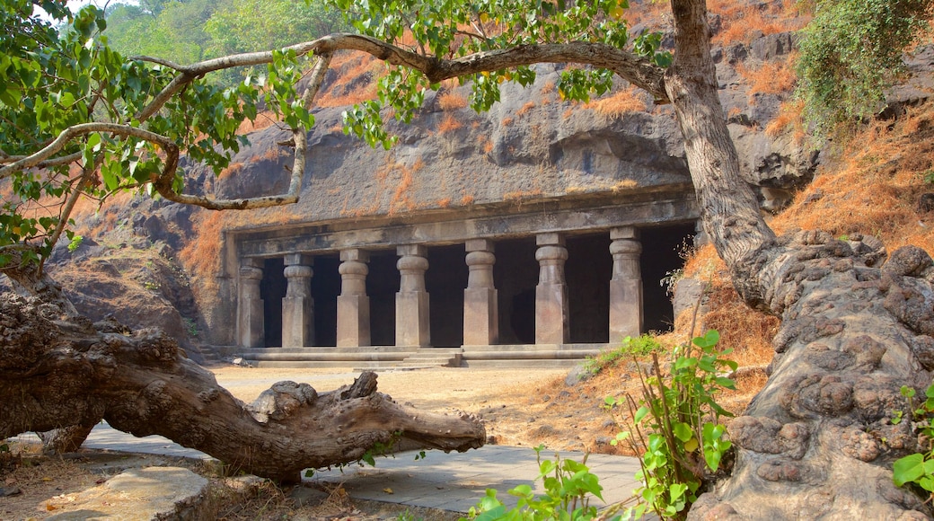 Grotte di Elephanta che include oggetti d\'epoca e grotte