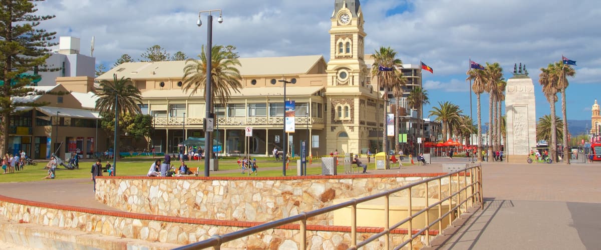 Glenelg Jetty featuring a square or plaza, heritage architecture and city views
