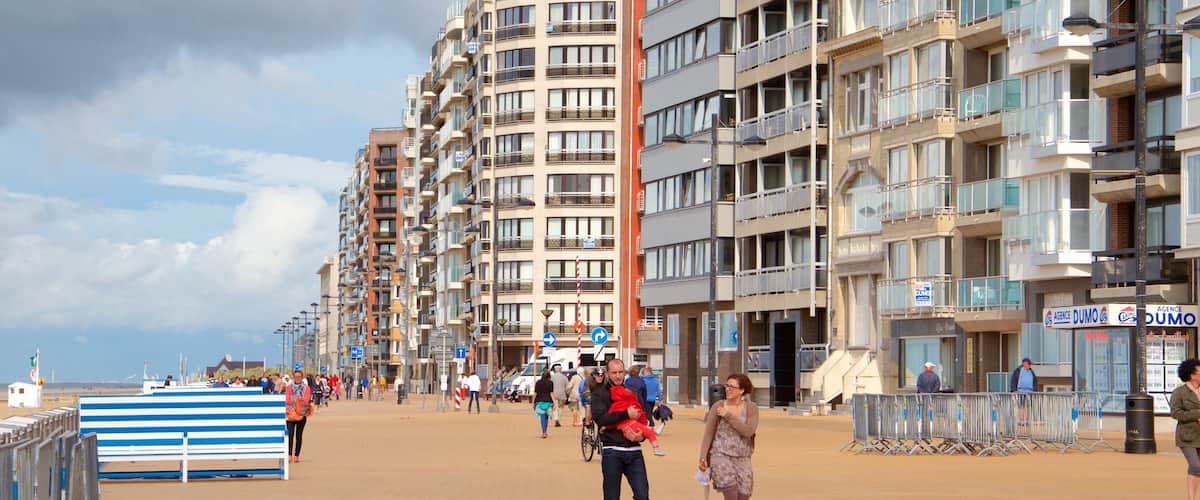 Westende que incluye vistas generales de la costa y también una pareja