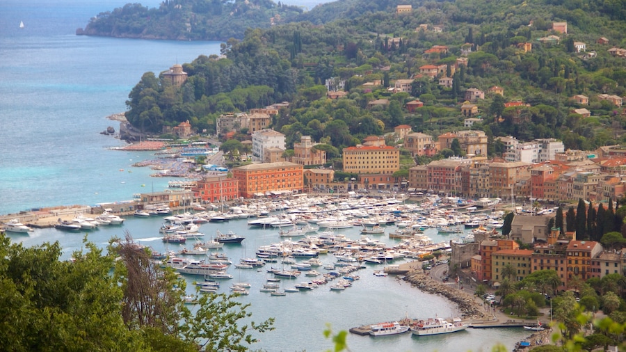 Portofino som visar båtkörning, en stad och kustutsikter