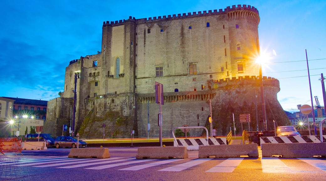 Piazza del Municipio mostrando paesaggio notturno, architettura d\'epoca e castello