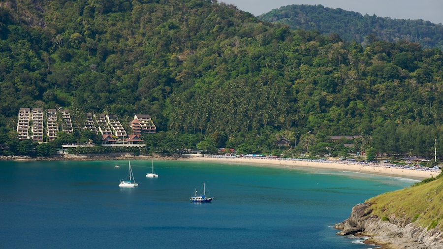 Nai Harn Beach showing landscape views, a bay or harbour and a coastal town
