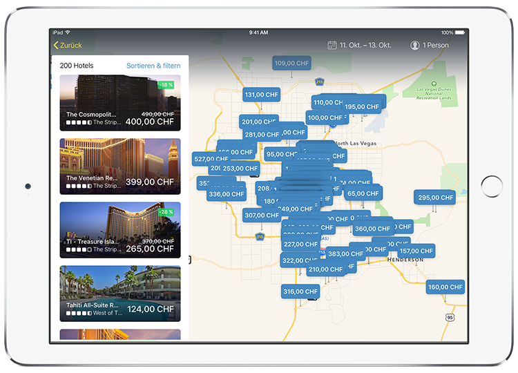 Tablet zeigt Hotelergebnisse in der App